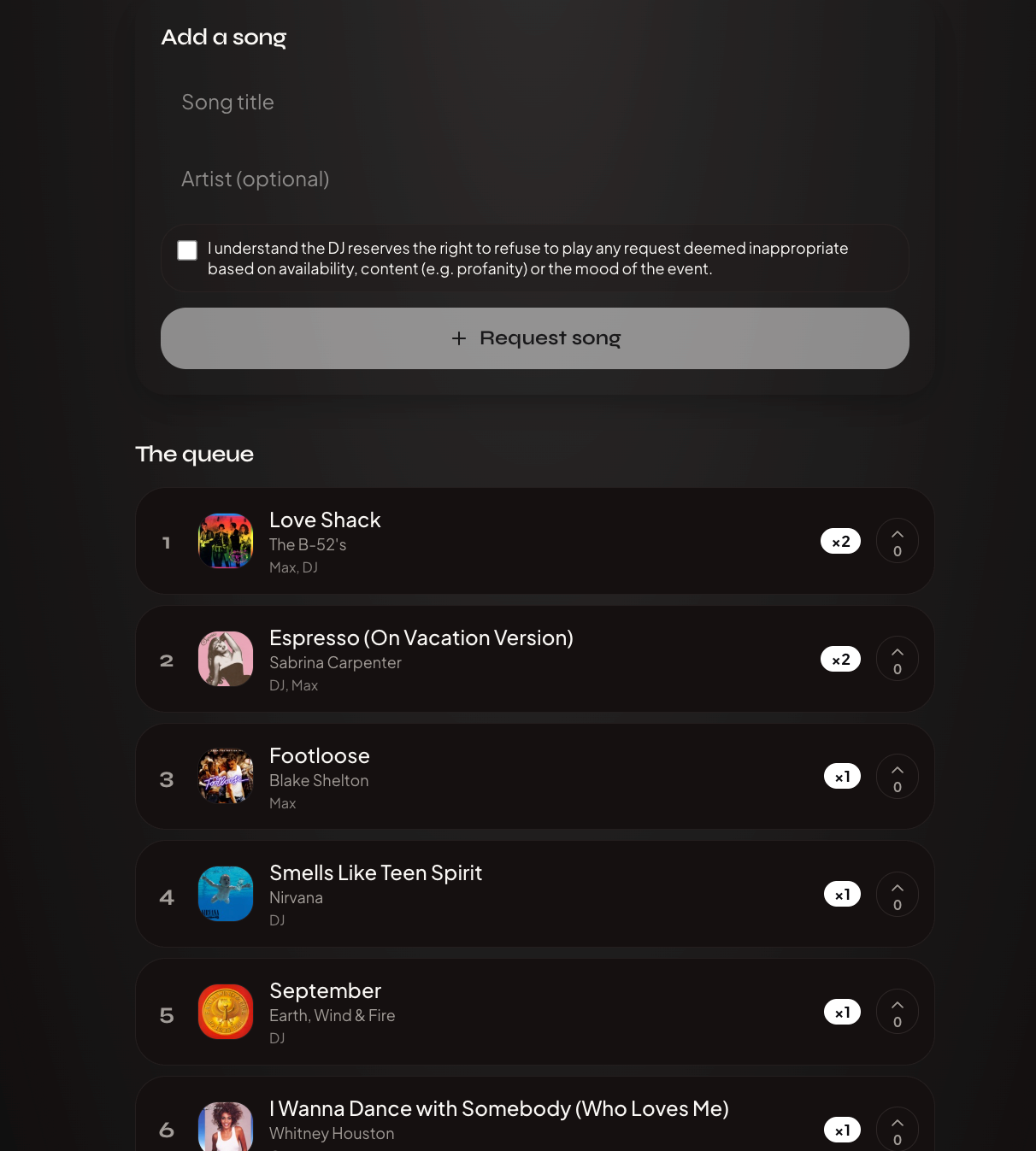 PartyQueue guest portal showing the Add a song form and a live queue with Love Shack, Espresso, Footloose, Smells Like Teen Spirit and other tracks with album art and request counts