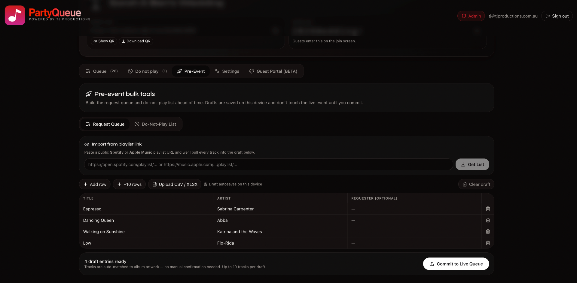 PartyQueue pre-event bulk tools panel showing the playlist importer, Add row / +10 rows / Upload CSV controls, a draft table with Espresso, Dancing Queen, Walking on Sunshine and Low, and a Commit to Live Queue button