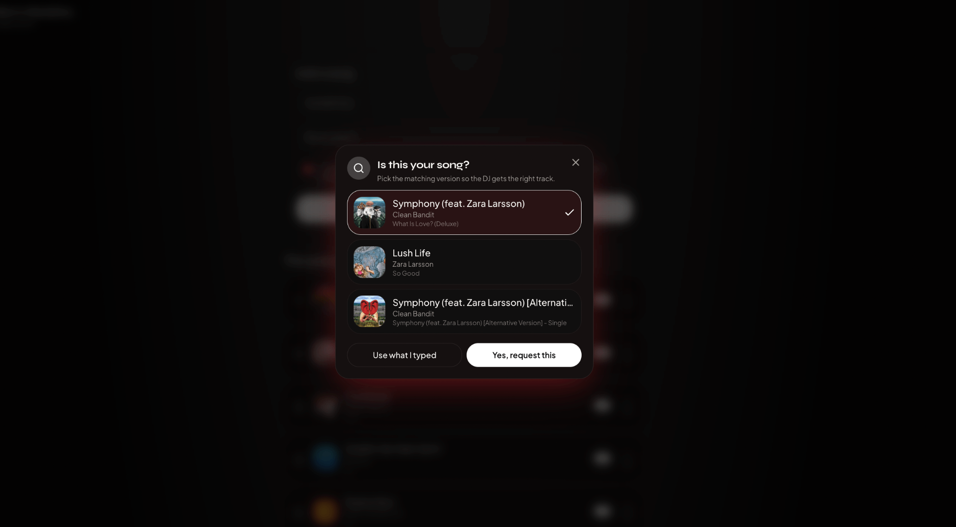 PartyQueue track picker modal asking 'Is this your song?' with three Symphony by Clean Bandit results and Use what I typed / Yes, request this buttons